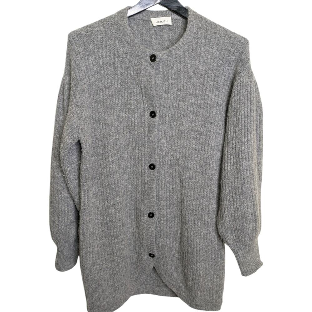 Meimeij Alpaca Mohair Cardigan Sweater Medium Ribbed Tunic Bubble Sleeve Gray - Picture 11 of 11